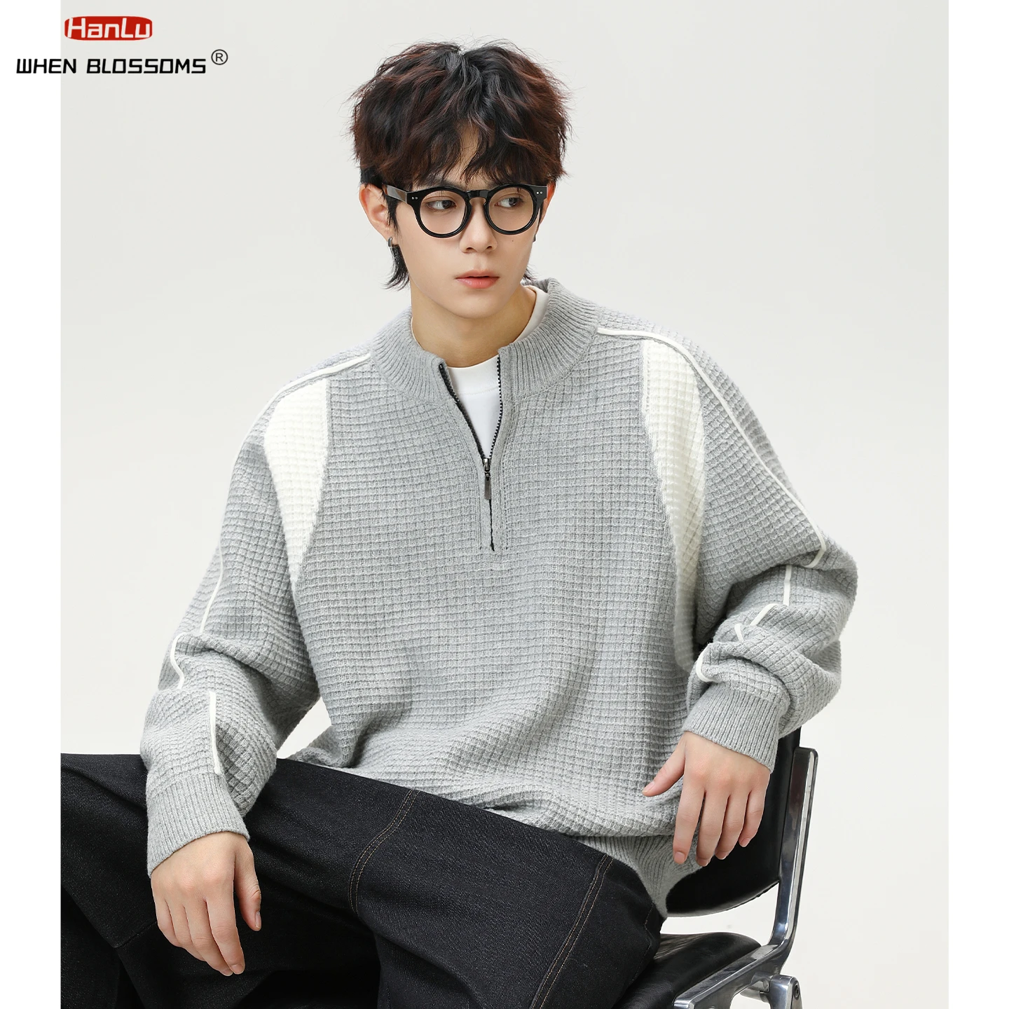 Hanlu 2025 Unisex Color Block Pullover Half Zip Mid-Collar Sweater Couple Grid Texture Warm Knitwear Winter Coat