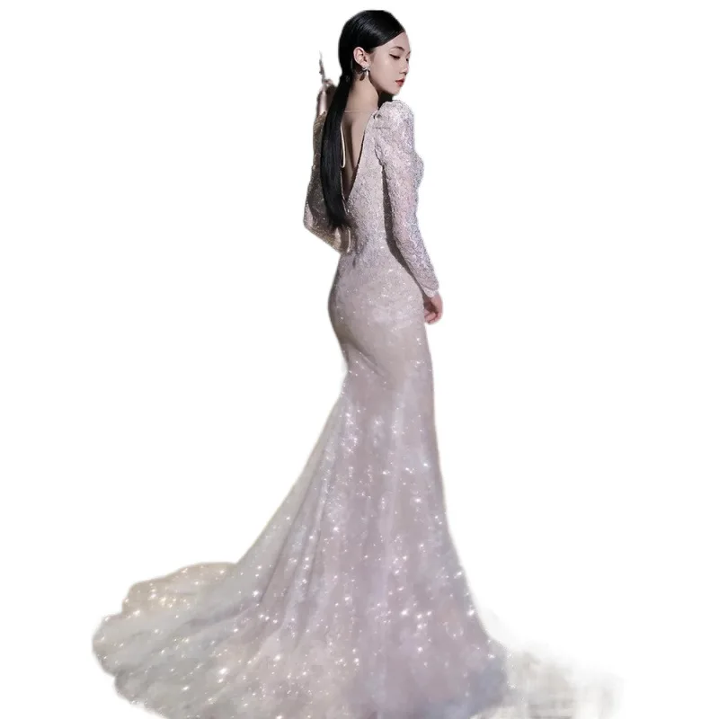 Fishtail luz vestido de casamento manga longa nupcial high-end fio de boas-vindas lantejoulas es estilo fotopolitan luz luxo banque anfitrião dre