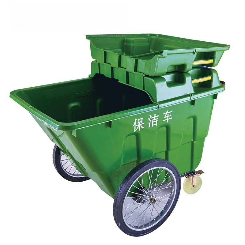 

Sanitation, hand-pushed garbage truck, large cleaning, outdoor green.