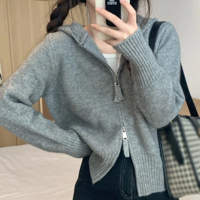 Autumn Winter Zipper Hooded Cardigan Sweater Women Knitted Loose Sweater Solid Color Double Zipper Top Long Sleeve Jacket