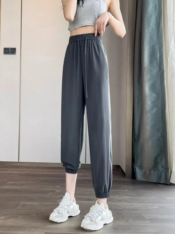 

Женские спортивные брюки из ледяного шелка Qui Dry: летние, тонкие, укороченные (7/8), свободные, с манжетами, для защиты от солнца, для бега, повседневные, спортивные штаны