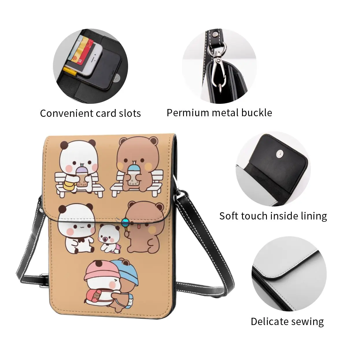 Bubu Dudu Kawaii Small Cell Phone Purse Leather Card Case Stylish Female Cute Bear and Panda Cartoon Mini Shoulder Bag Portable