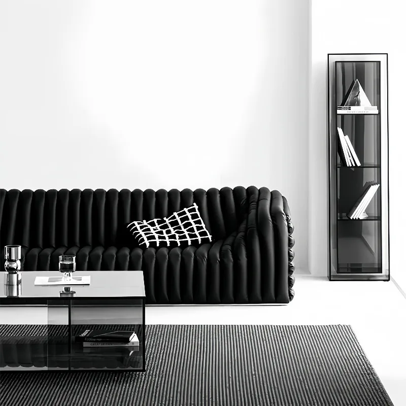 Lychee pattern leather sofa Bauhaus lazy style medieval straight row three people floor lazy sofa