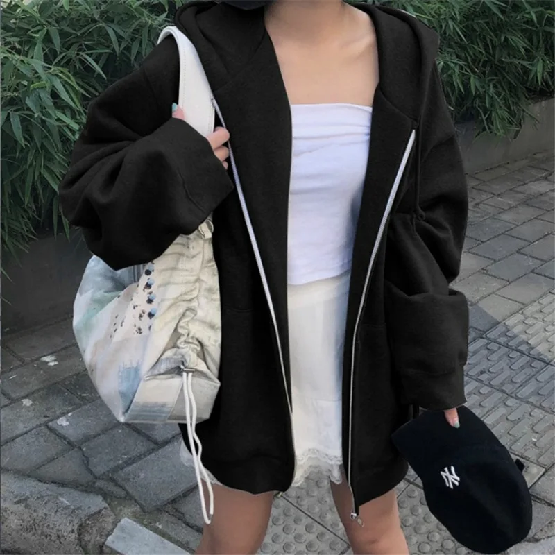 2024 New Oversize Women Loose Couple Hoodie Jacket Coat Streetwear Hoodies Casual Solid Zip Up Hooded Sweatshirt Harajuku Korean