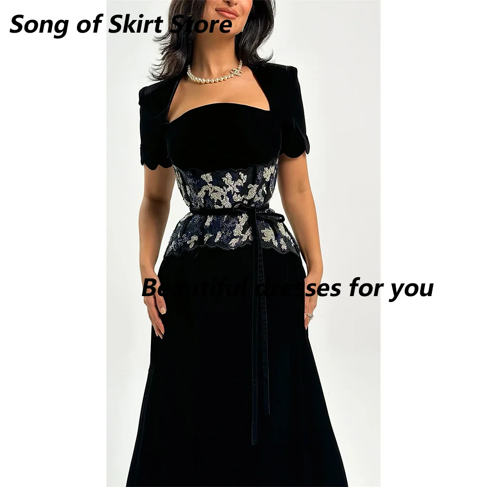 Customized A-line Beading Evening Dresses Square Neck Prom Dresses Short Sleeves Special Events Wedding Gala Evening Party Dress image 4