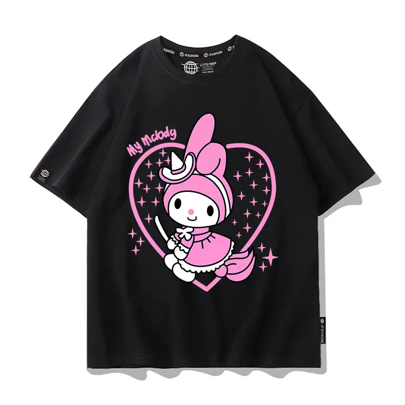 

Новая свободная детская футболка черного цвета Sanrio Kuromi Co, брендированная, из чистого хлопка, с мультяшным принтом, комплект для родителей и детей, модная брендовая футболка