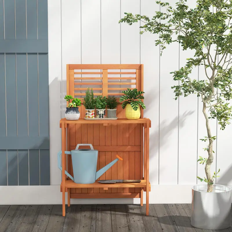 

Folding Garden Potting Bench with 2-tier Storage Shelves and Teak Oil Finish for Garden Yard Balcony