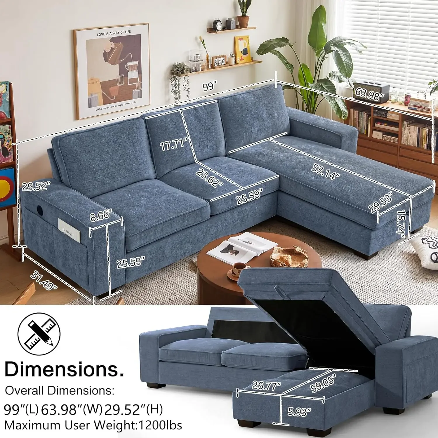 99“ L Shaped Convertible Sectional Sofa,Multi-Functional Reversible Couch w/ Charging Ports,Storage Space,Breathable Fabric-Blue