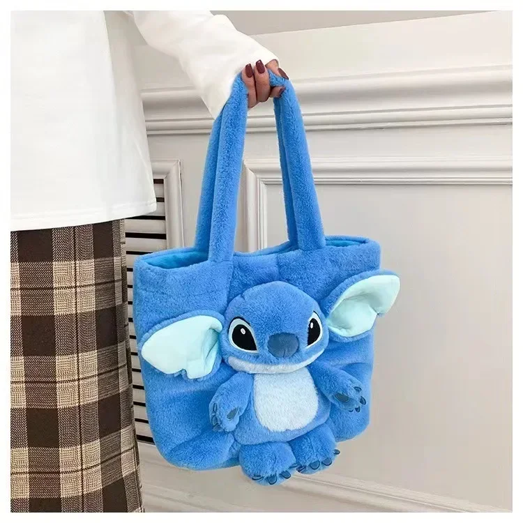 MINISO 2024 New Cartoon Plush Doll Shoulder Bag Sweet and Cute Stitch Strawberry Bear Soft Cute Girls Handbag