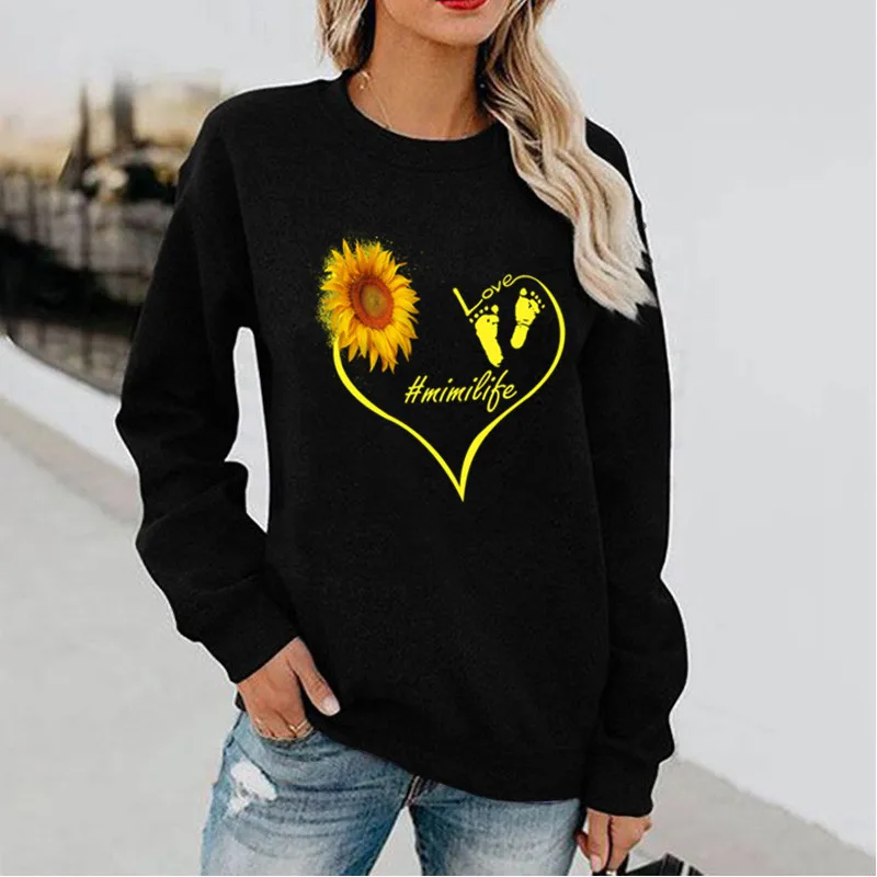 

Love Sunflower Fun Pattern Printed Long Sleeve Hoodless Crewneck Hoodie Streetwear Women Sweatshirt Clothes