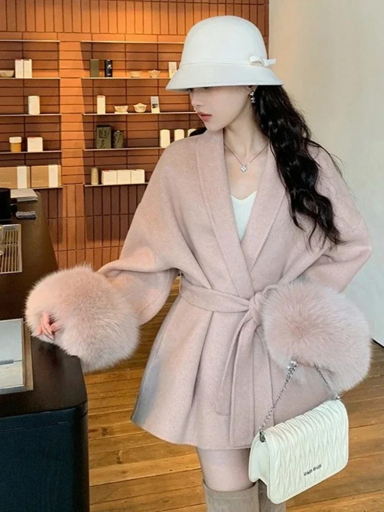 Femme réel fourrure de renard laine mélanges veste nouveau automne hiver vêtements femmes mode épais chaud cachemire solide fourrure laine manteau