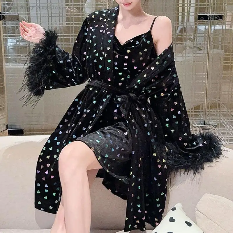 

Shining Love Twinset Robe Set Luxury Feather Bathrobe Kimono Sexy Spaghetti Strap Nightdress Lingerie Home Dress Loungewear