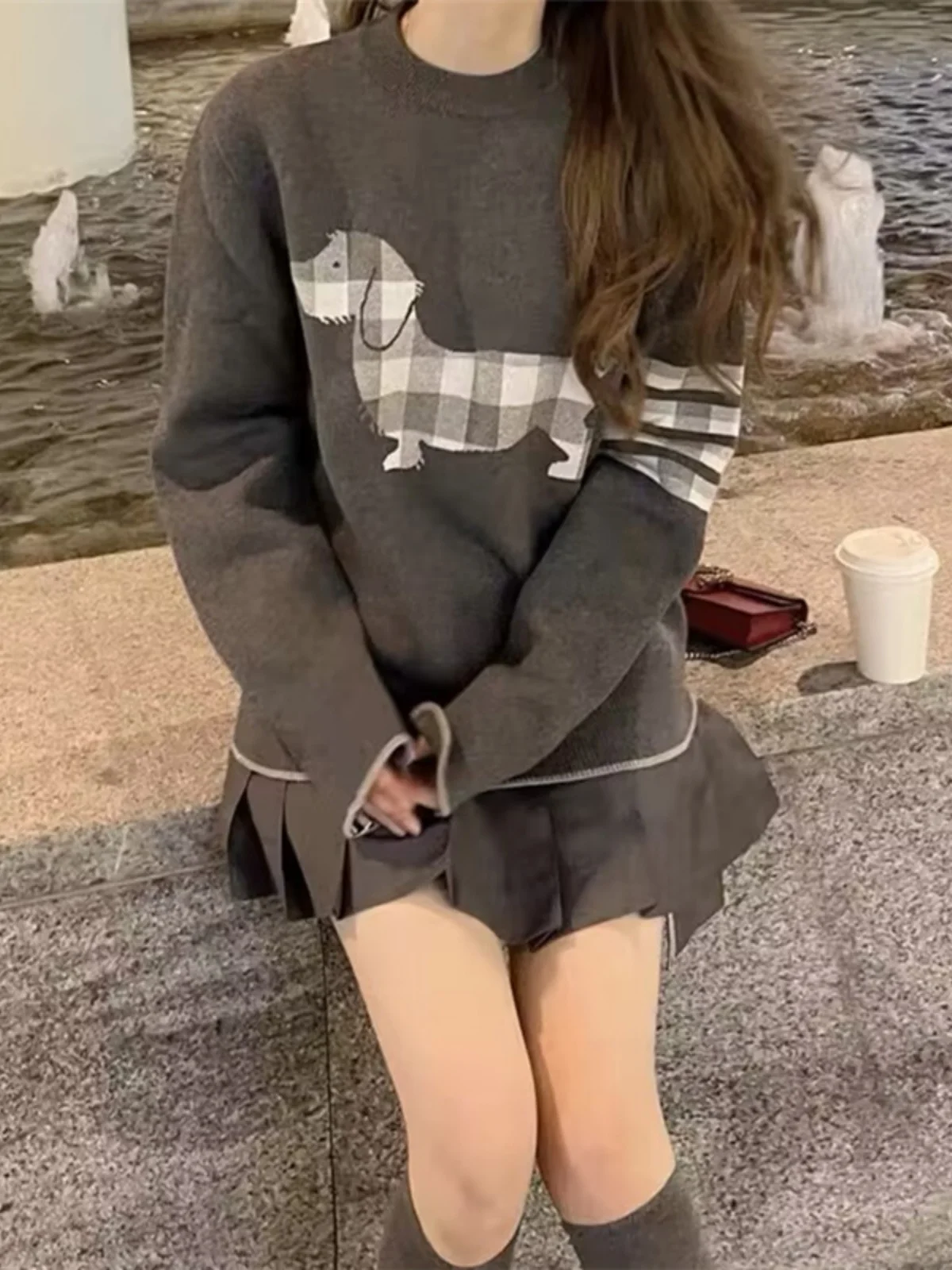 

Casual Knitted Sweater Women's Loose Top Korean Sle College Sle Dog Pattern Plaid Four Stripes Overhead Sweater Trendy