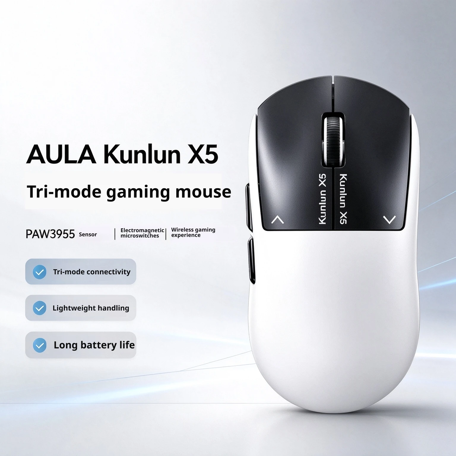 AULA Kunlun X5 Mouse Electromagnetic Micro PAW3955 Mouse Wireless Three-mode E-sports Gaming Desktop Laptop Tile Mice