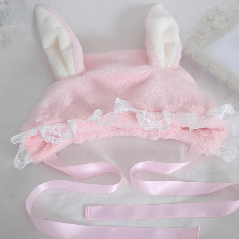 Japanse Zoete en Leuke Hangende Oor Konijn Lei Feng Hoed Kant Lolita Gehoorbescherming Hoed Veelzijdige Pluche Winter Warme Muts