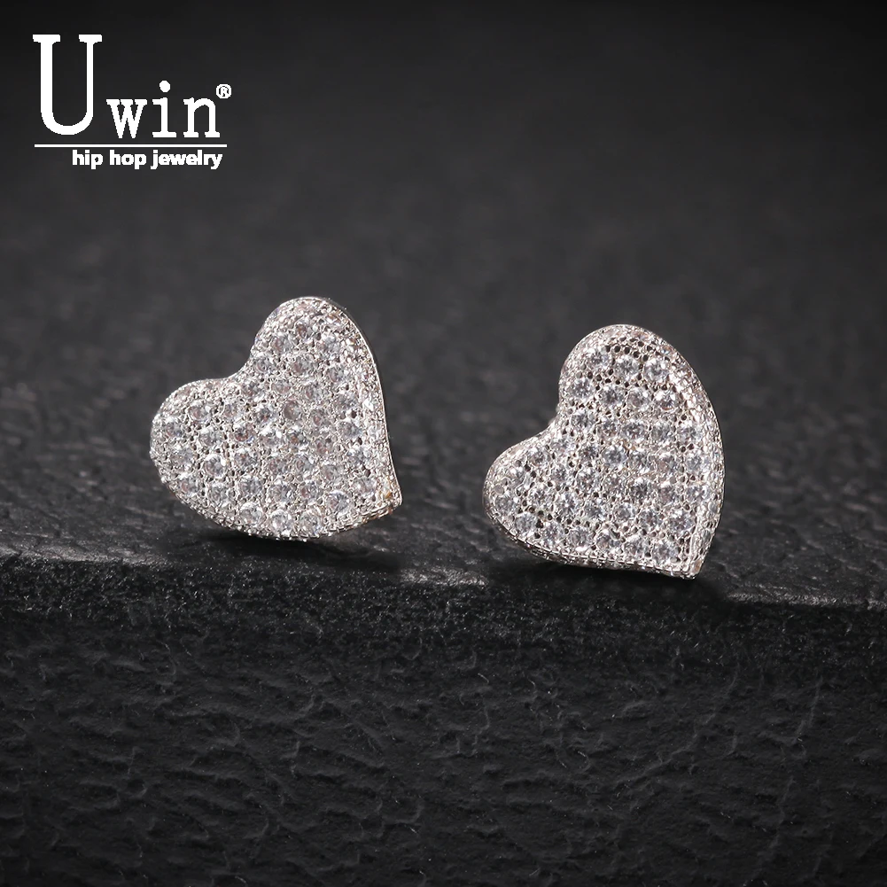 Uwin Heart Earrings Minimalist Bolt Earrings Full Iced Out Bling Micro Paved Cubic Zircon Fashion Jewelry Gift