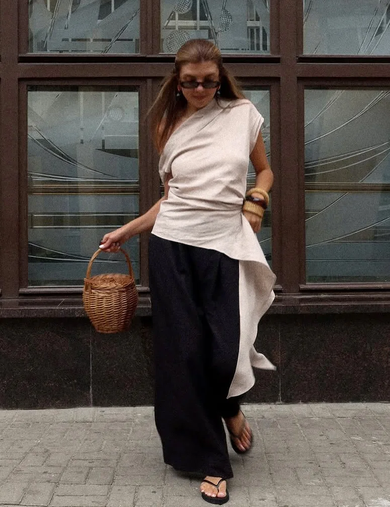 

Khaki One Shoulder Top Women Elegant Asymmetrical Drape Tunic Blouse Minimalist Irregular Long Shirt Aesthetic Streetwear