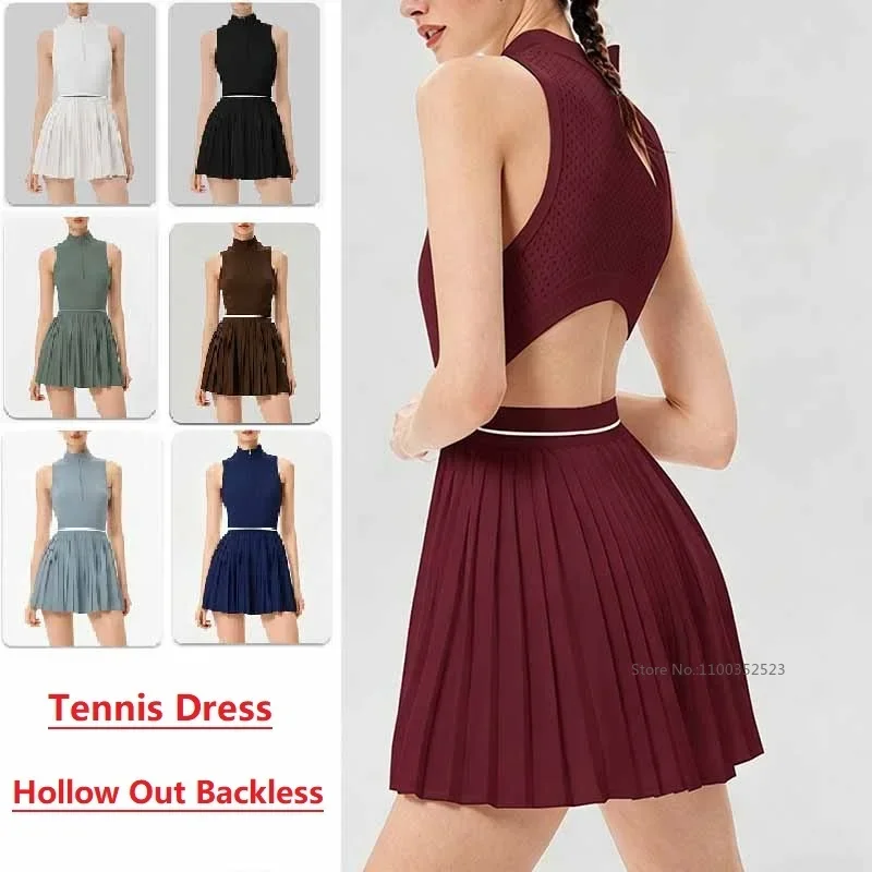 New Tennis Dress Yoga Set Women Tracksuit Zipper Sports Dresses Breathable Backless Pleated Skirt with Short Golf Badminton Suit