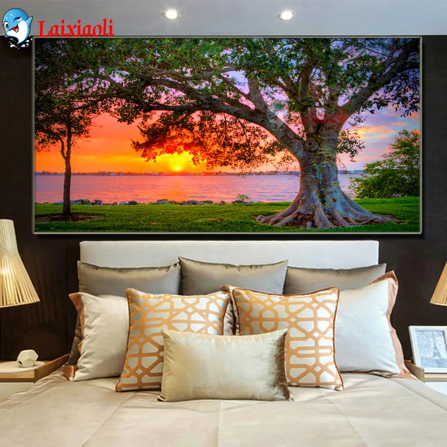 

2022 New 5D DIY Scenery Diamond Painting Sunset & big Tree Diamond Embroidery Cross Stitch Full Square Round Drill Home Decor