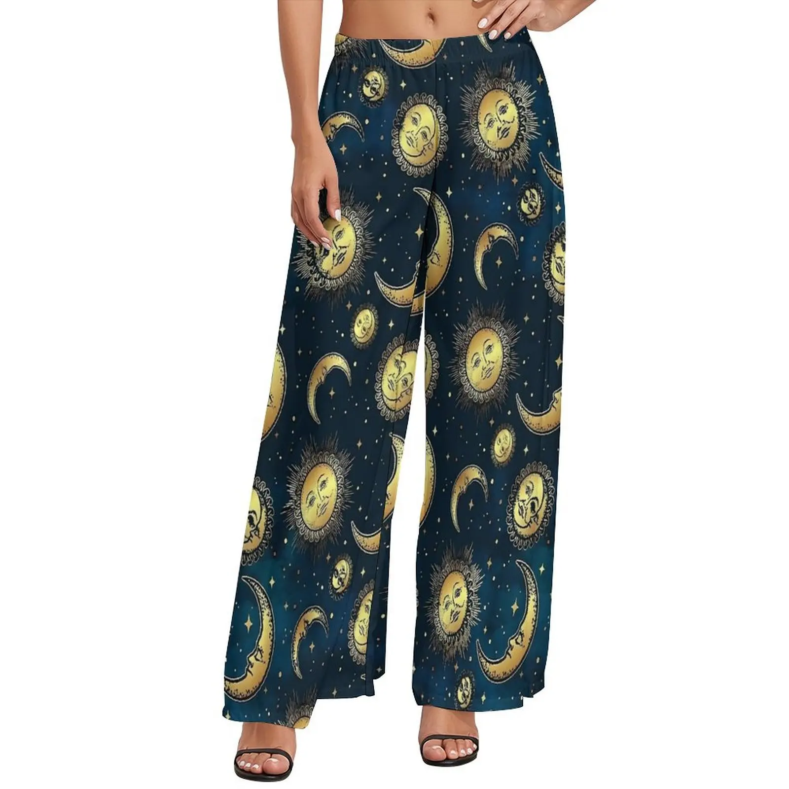 90s Celestial Sun And Moons Pants Female  Street Wear Trousers Elastic High Waist Casual Wide Pants Gift