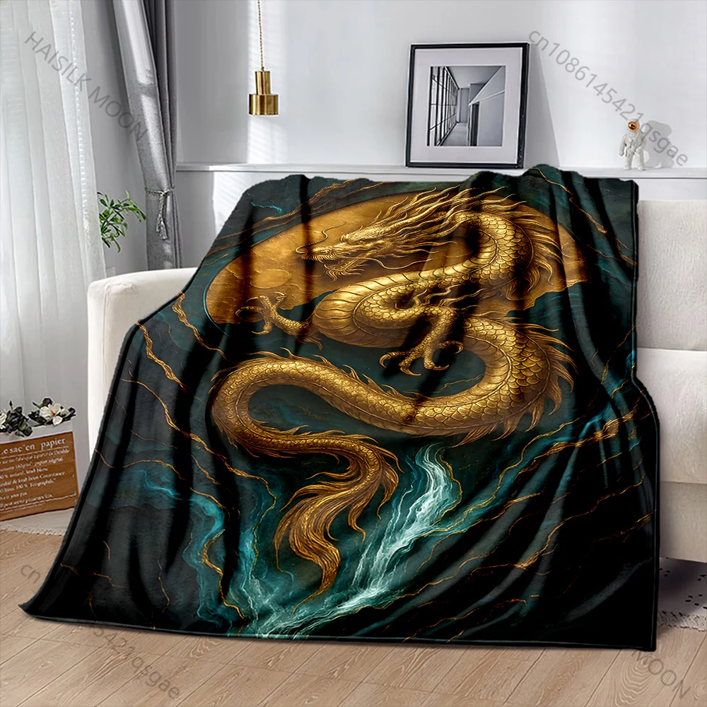 Multiple sizes Gold dragon swirling waterfall moon Print Adult Children Warm Blankets Home Travel Car Soft and Comfortable