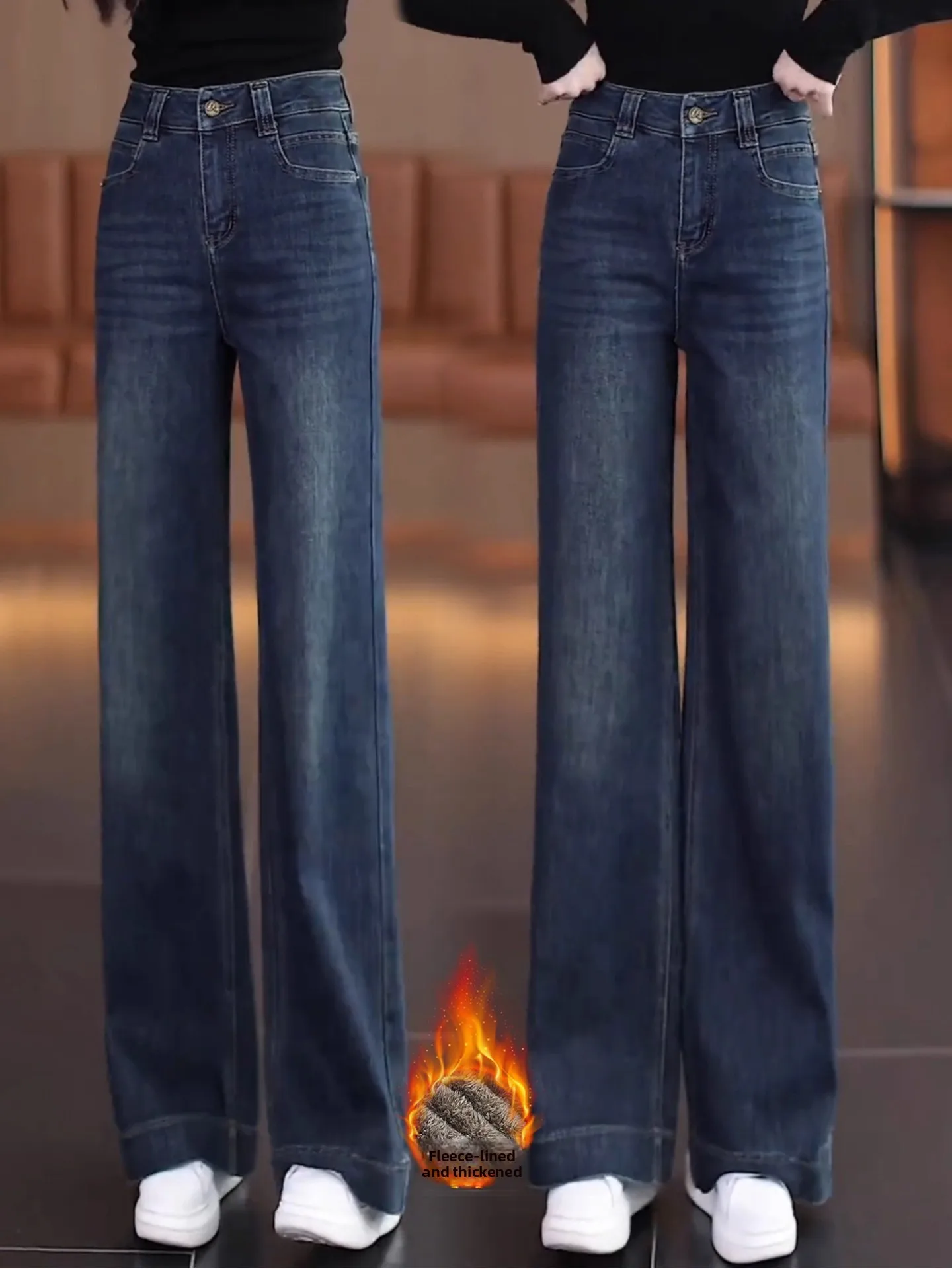 

Faionable Fce Lined Slim Wide Leg Denim Jeans Women's Winter New Sle Chic Slimming Versatile High Waist Straight Leg P...