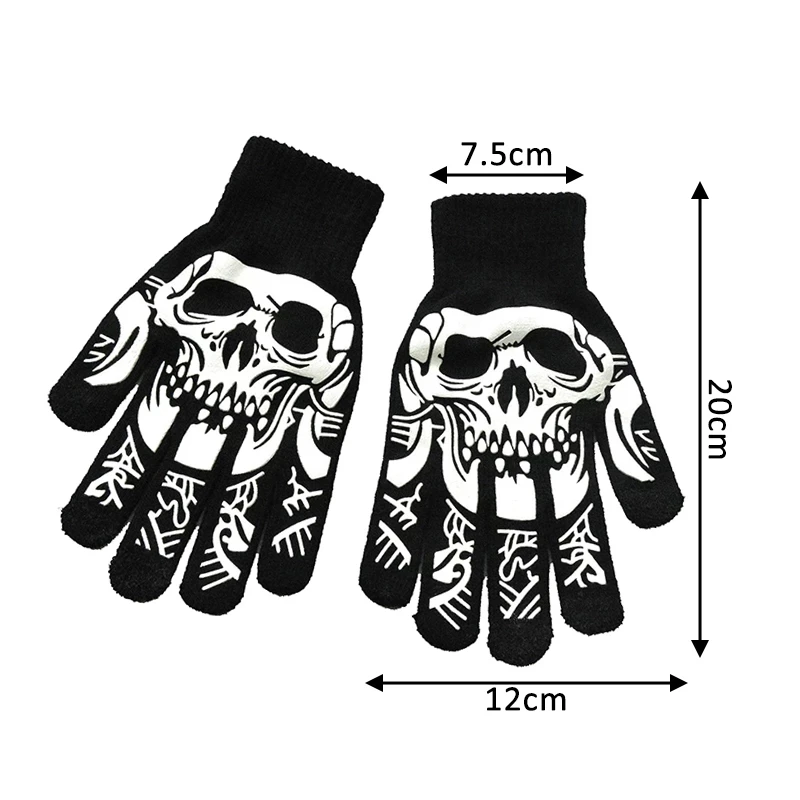 Black Halloween Supplies Luminous Gloves Winter Hand Warmer Anti-Slip Horror Hand Bone Skull Grimace Mitten Unisex Knitted Glove