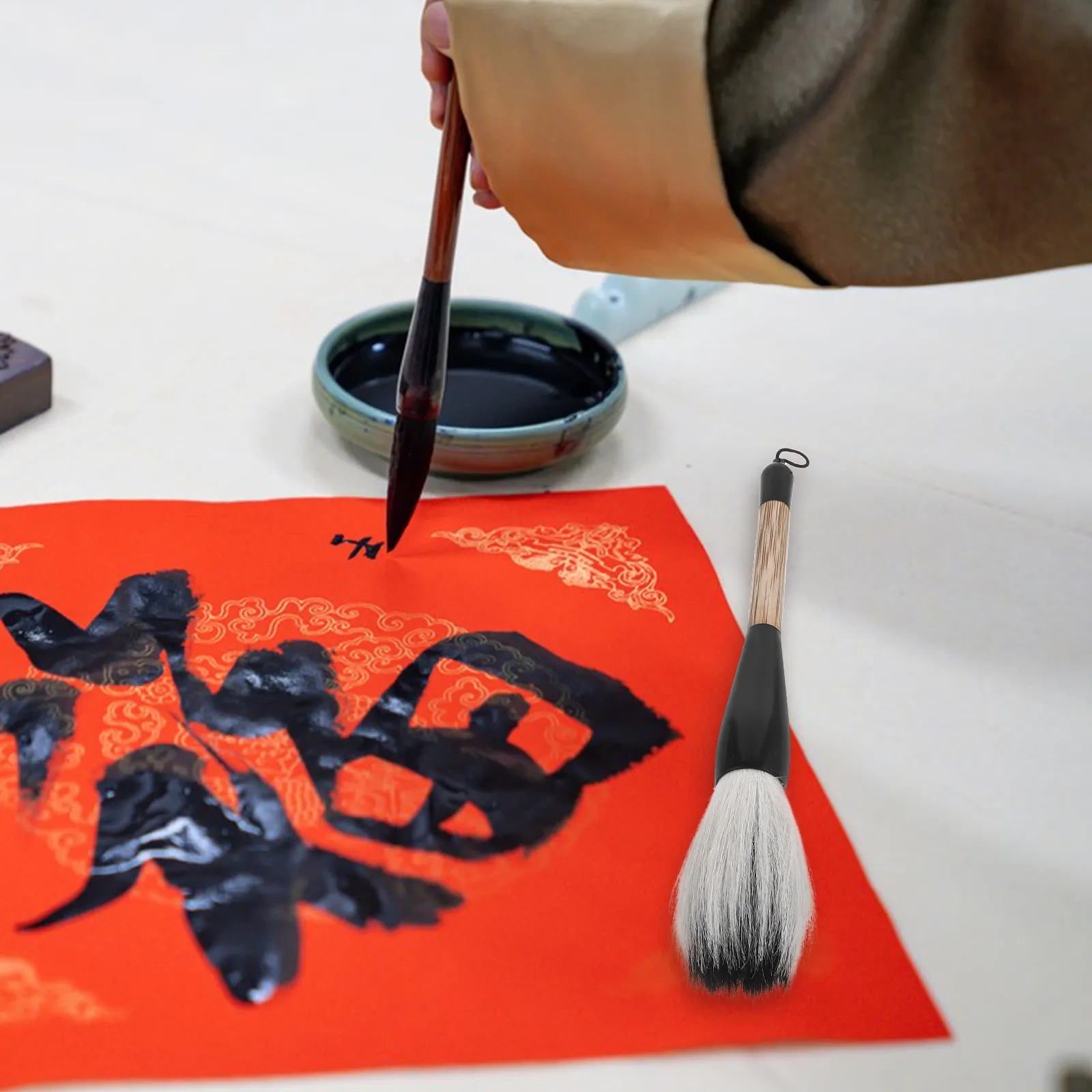 Chinese Calligraphy Brush Set for Beginners Smooth Wood Handle Wool Horsehair Tip Excellent Ink Absorption Portable Lightweight