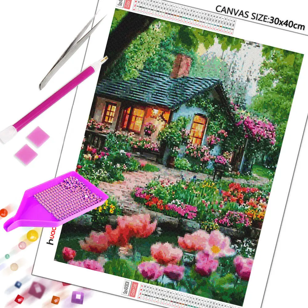 Huacan 5D Diamond Painting Fairy Garden Flower Diamond Mosaic Landscape Complete Kit Wall Decor