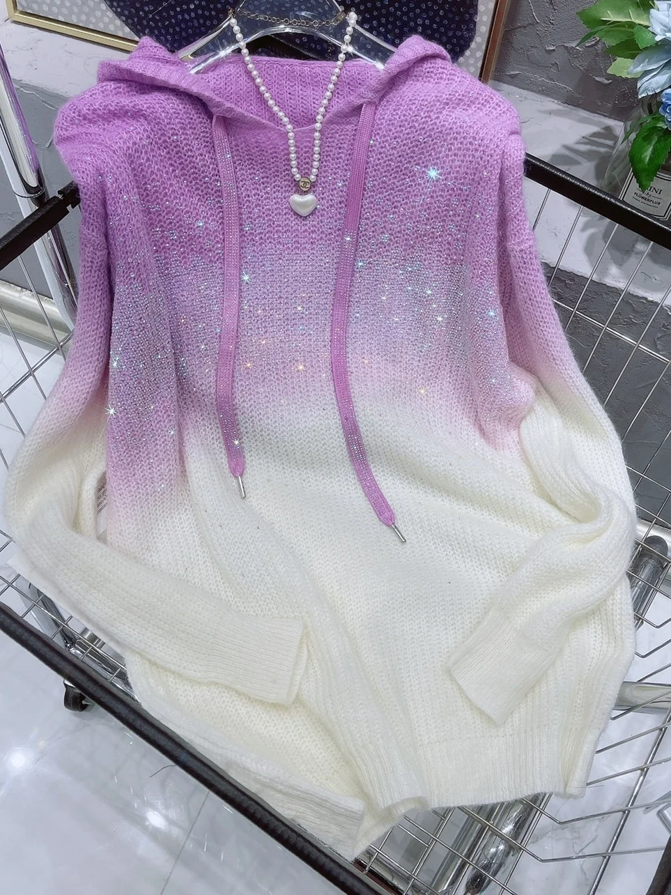 Purple Sweet Gradient Hooded Pullover Women Heavy Hot Drilling Idle Style 2023 Autumn Winter Loose Warm Knit Sweater Top