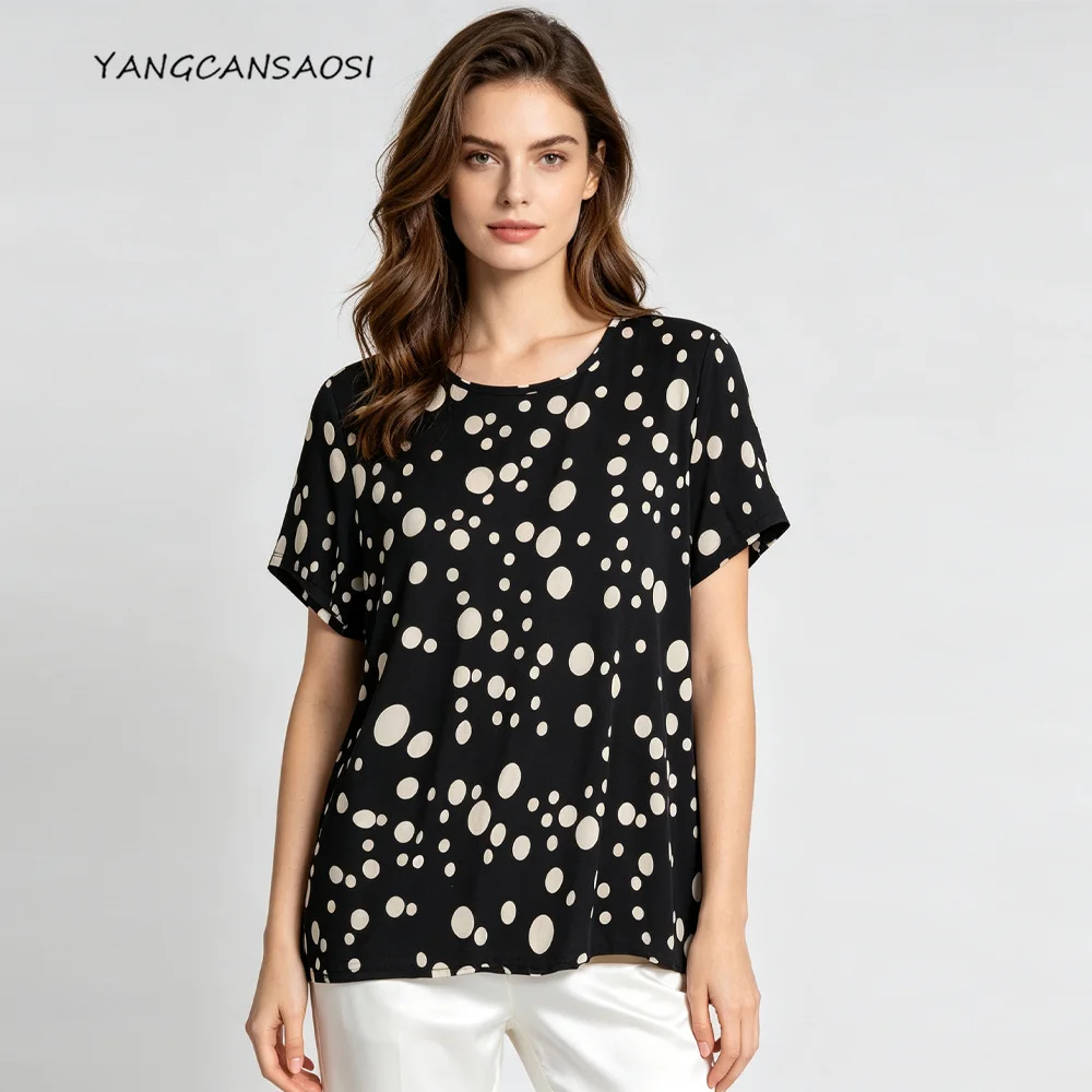 Classic Modern Black/White Polka Dot 93% Natural Mulberry Silk Elastic Double Crepe Round Neck Short Sleeved Versatile T-shirt