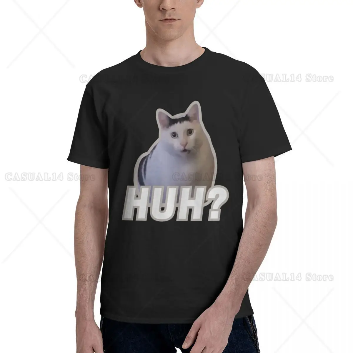 

Funny Huh Cat Meme Humor T Shirt Crewneck Tshirt for Men Women Teen for Home Gameroom Streetwear