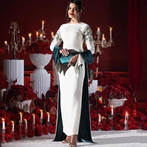 Arya Vestido de noche marfil y verde Arabia Saudita Manga larga Hasta el tobillo Ocasión Personalizado Mujer فسات intelliفхара3).