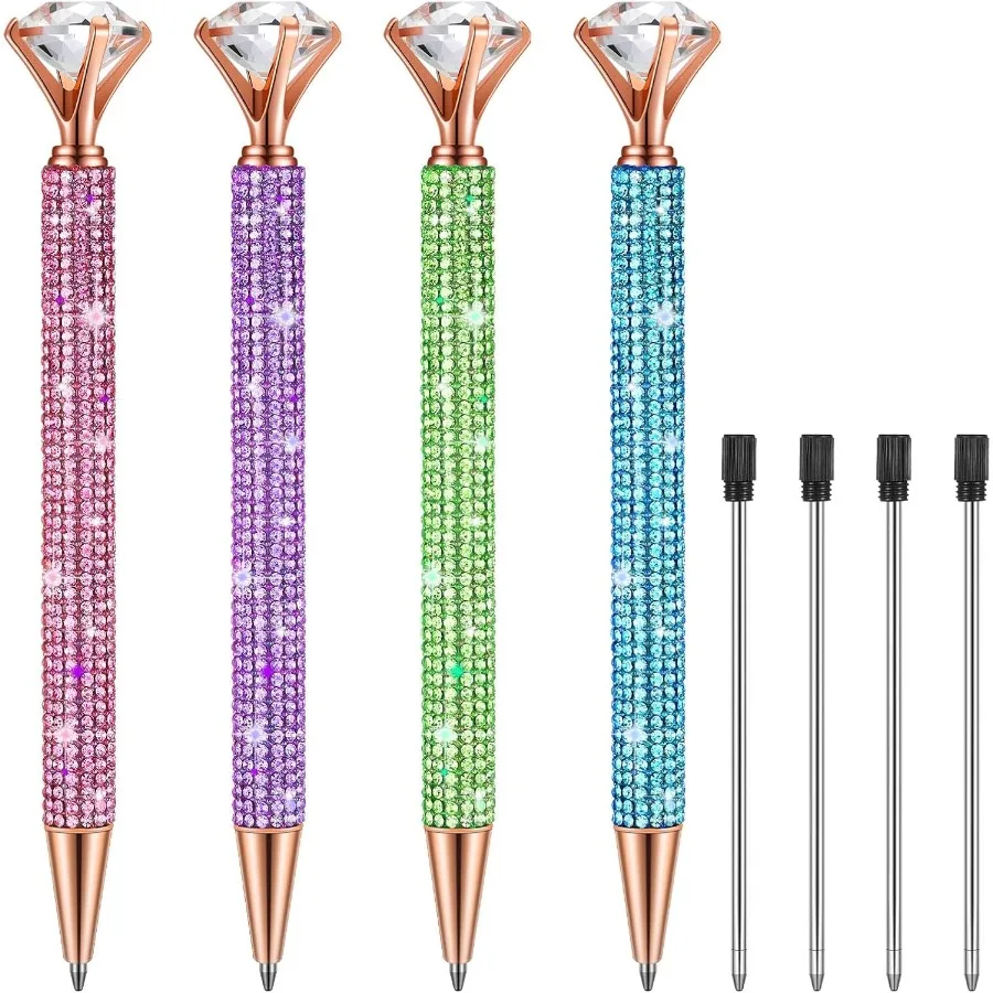 

4 Pcs Diamond Top Pens with Crystal Bling Rhinestone Pen Ink Ballpoint Bridal Shower Retractable with Replacement Refills for W