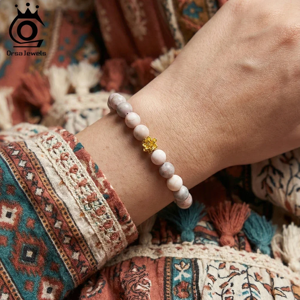 

ORSA JEWELS Natural Lotus & Zebra Stone Bead Bracelet for Women S925 Flower Charm Elastic Bracelet Spiritual Jewelry GMB106
