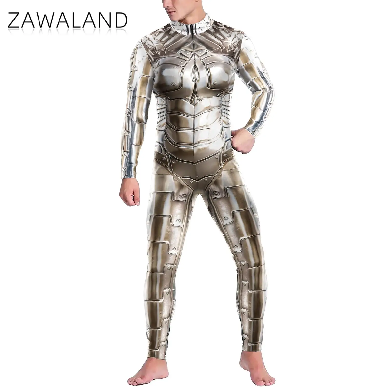 Zawaland Adult Man Woman Bodysuits 3D Printing Robot Cosplay Costumes Punk Disguise Holiday Party Elastic Jumpsuits For Female