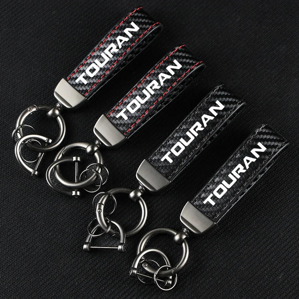 Car Keychain Carbon Fiber Leather Rope Key Chain Pendant Keyring Horseshoe Buckle for TOURAN T-ROC TSI Auto Accessories