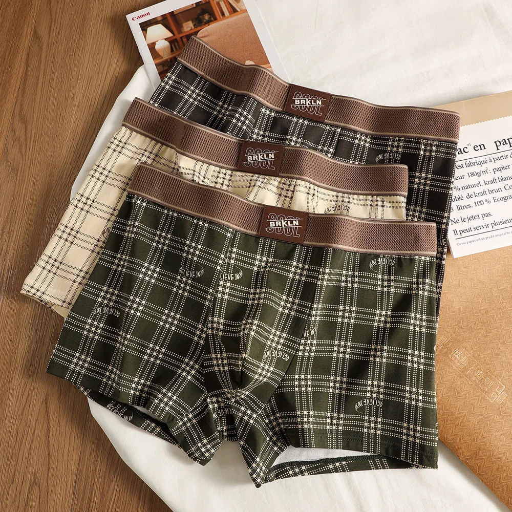 1/3PCS 95% Cotton Men's Boxer Briefs Artistic Youth Scottish Plaid Underwear Soft Breathable Quick-dry Mesh Pouch Boxer Shorts