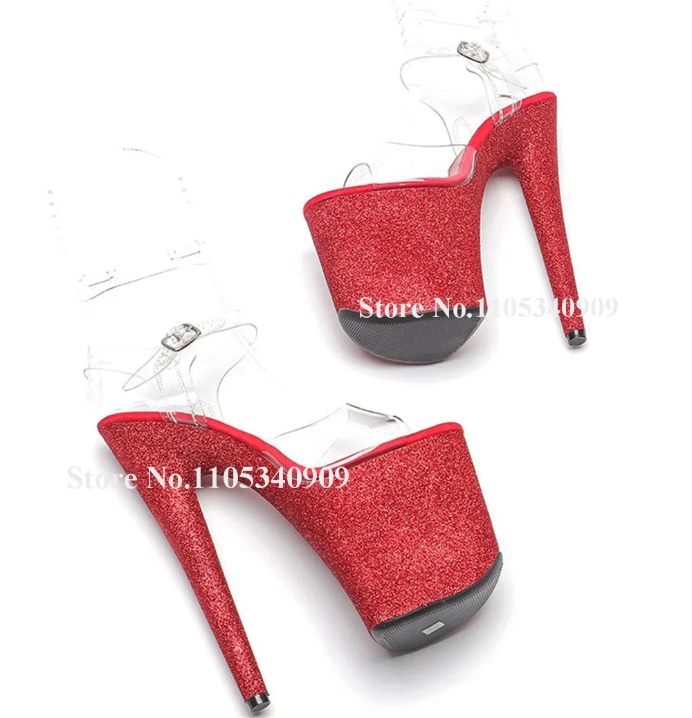Bondarenko Red Glitters Patchwork Clear PVC Stiletto Heel Sandals Ope Toe Tansparent Straps High Platform Thin Heel Dance Shoes