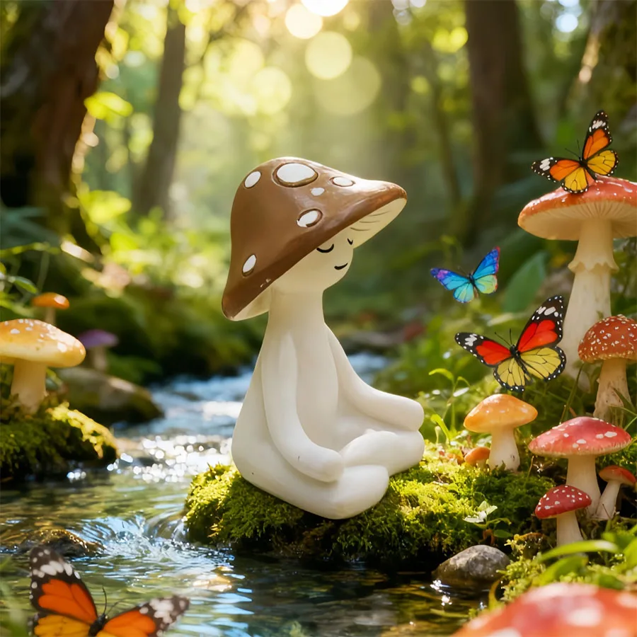 Meditating Mushroom Resin Figurine, Home Living Room & Outdoor Scene Decor Ornament
