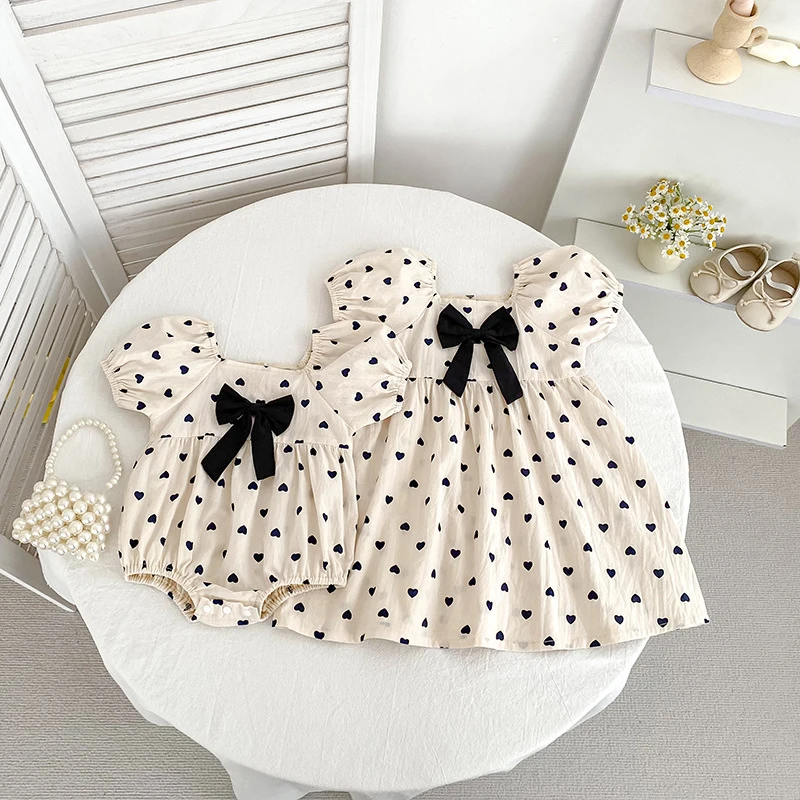 2026 New Spring  Sister Dress 2-6Yrs Girl Party Dress Cotton Kids Heart-shaped Dress 0-24M Baby Girl Short Sleeved Print Romper