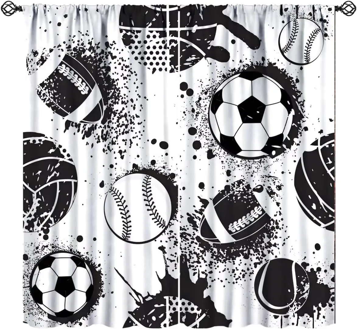 Cool Ink Splash Multisport Ball Theme Curtain 2 Panels White Base Black Graffiti Mixed Ball Print Window Curtain Sport Masculine