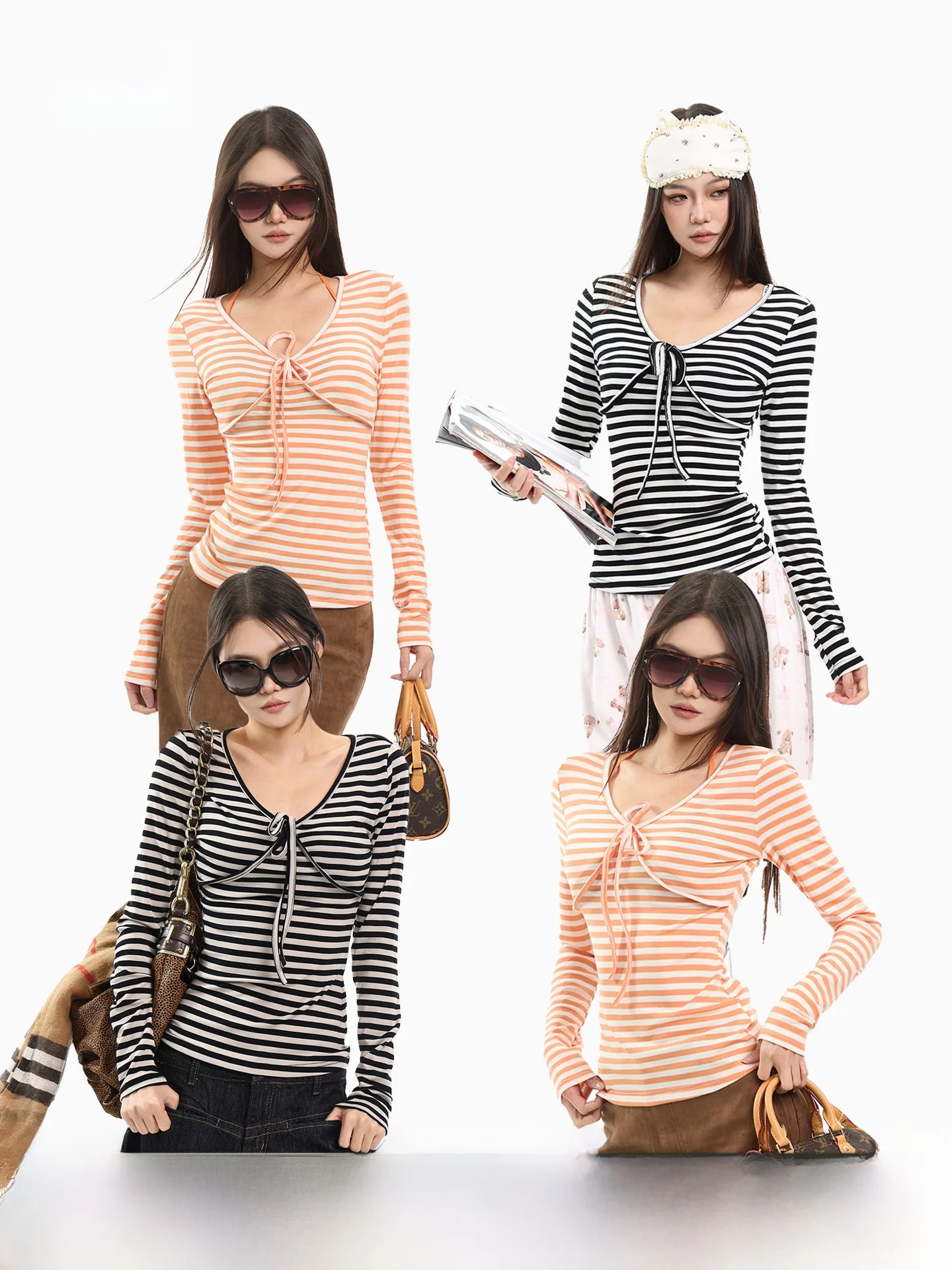 

Женская приталенная футболка CCUP SPACE с длинным рукавом, V-образным вырезом и завязками, в полоску, базовый слой для осени и зимы, модная модель для девушек