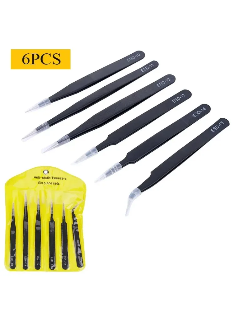 6pcs Precision Tweezers Set ESD Anti-Static Stainless Steel Tweezers Repair Tools for Electronics Repair Soldering Craft Tools