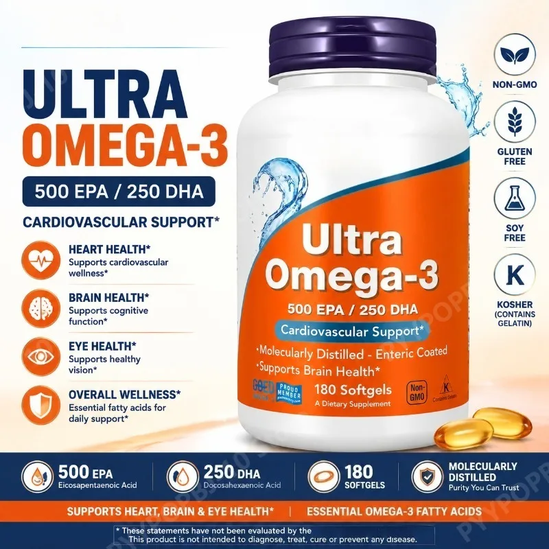 

Omega-3 Softgels 180pcs 500mg EPA 250mg DHA Non-GMO Enteric Coated Daily Nutritional Support for Adults