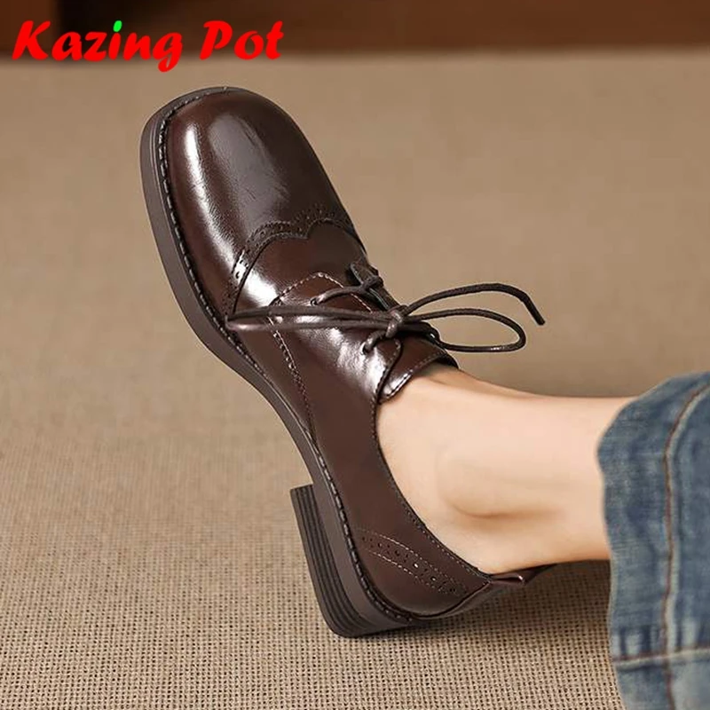 

Женские оксфорды Krazing Pot из микрофибры с круглым носком на массивном каблуке, весна-осень, на шнуровке, с перекрестными ремешками, винтажные, большие размеры 43, с декоративной отделкой