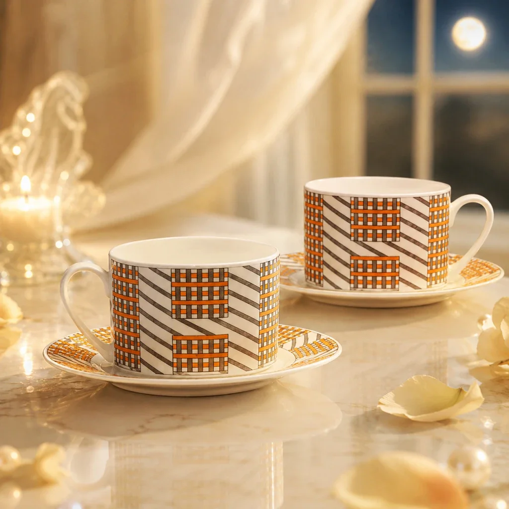Elegant European Style Bone China Coffee Cup And Plate Set Couple Mugs Wedding Favor Checkered Pattern Home Use Water Cup