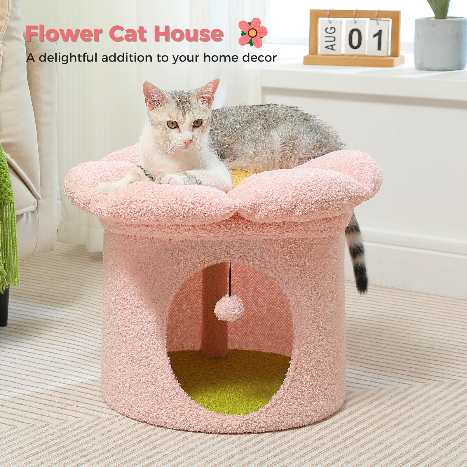 

Cat Beds for Indoor Cats, Large Cat House with Removable Flower Cat Bed, Cute Cat Cave Cat Hideaway, Indoor Cat House Condo