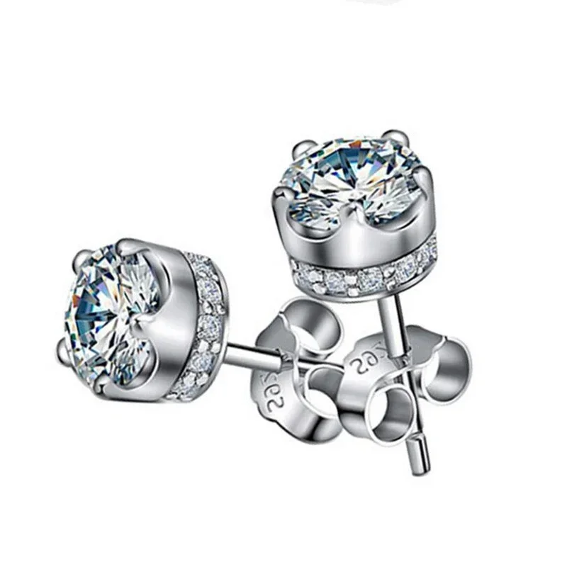 

New fine 925 Sterling Silver Purple Amethyst Stud Earrings for Women noble Real Crown Crystal Wedding Party Jewelry Couple Gift