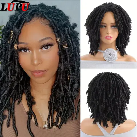 LUPU Dreadlock Wig Short Twist Wigs for Black Women and Men Afro Curly Synthetic Wig Faux Locs Braided Crochet Hair Wigs